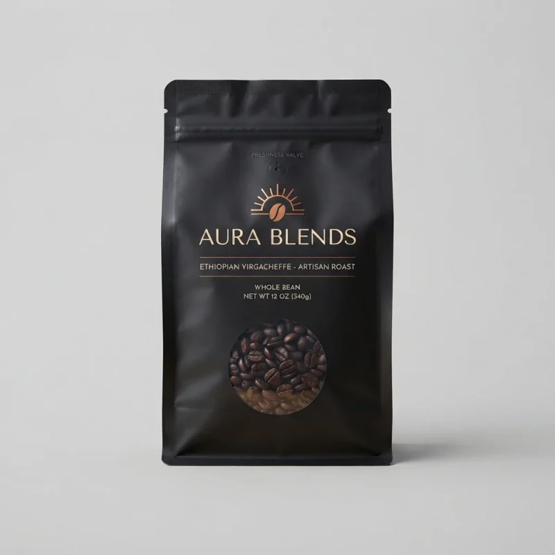 Matte black stand-up pouch with a zipper and a round window onto coffee beans