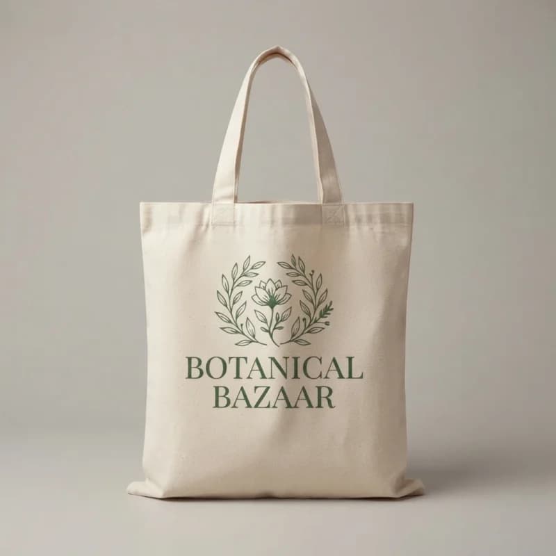 Natural cotton canvas tote bag with a printed green wreath logo