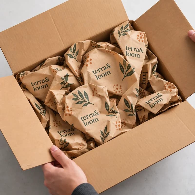 Printed kraft paper crumpled as void fill around items in an open shipping box