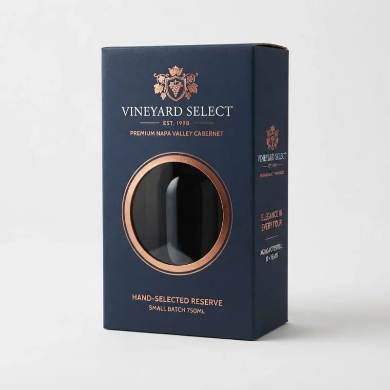 Navy wine bottle box with a round window and copper foil, bottle inside
