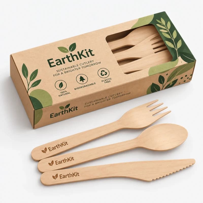 Engraved wooden fork, spoon and knife beside a printed kraft box with a window