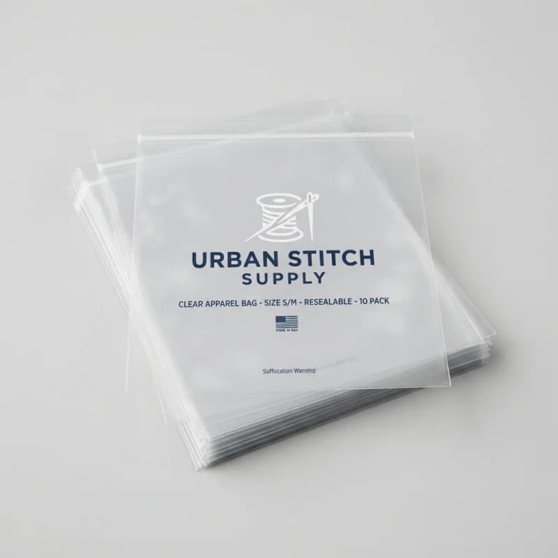Stack of clear resealable zip lock bags with a printed logo