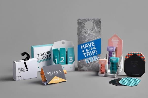 Printed packaging set with a hanger box, display tray, folding cartons and an octagon box