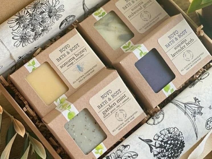 Kraft soap boxes with windows packed in a gift tray with handmade soaps