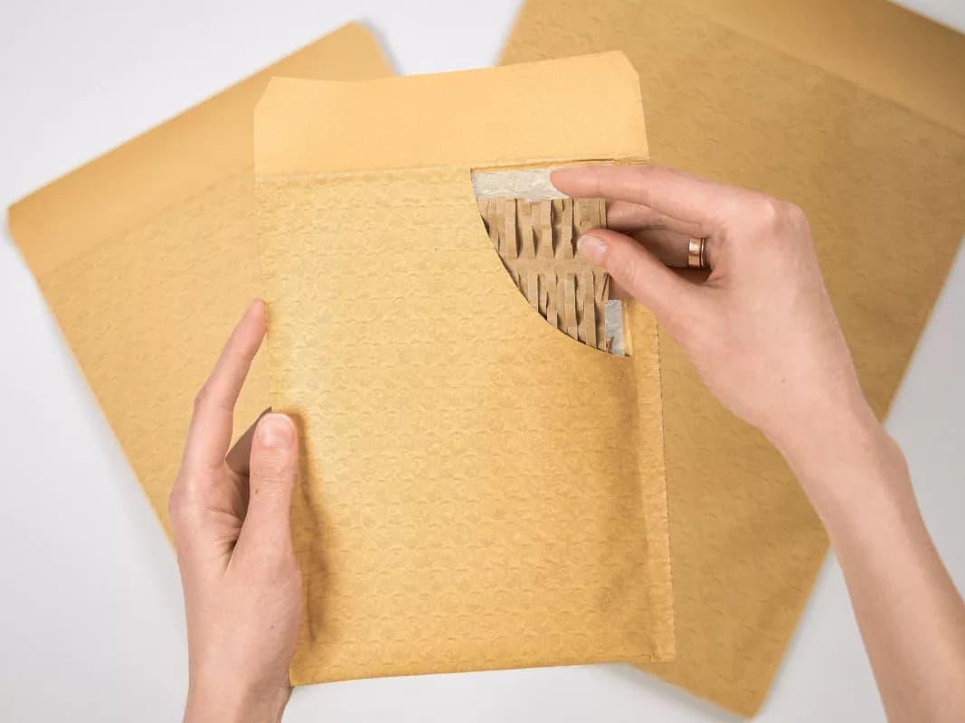 Hands opening a kraft padded mailer