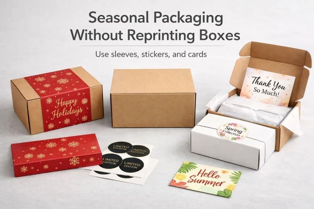 A plain box with a holiday sleeve, stickers and cards for seasonal packaging