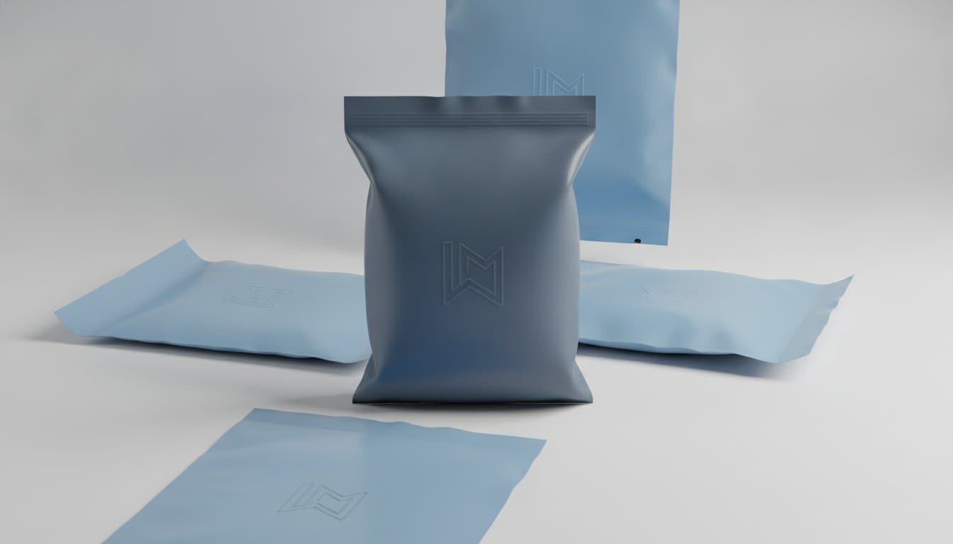 Matte blue poly mailers with a printed logo